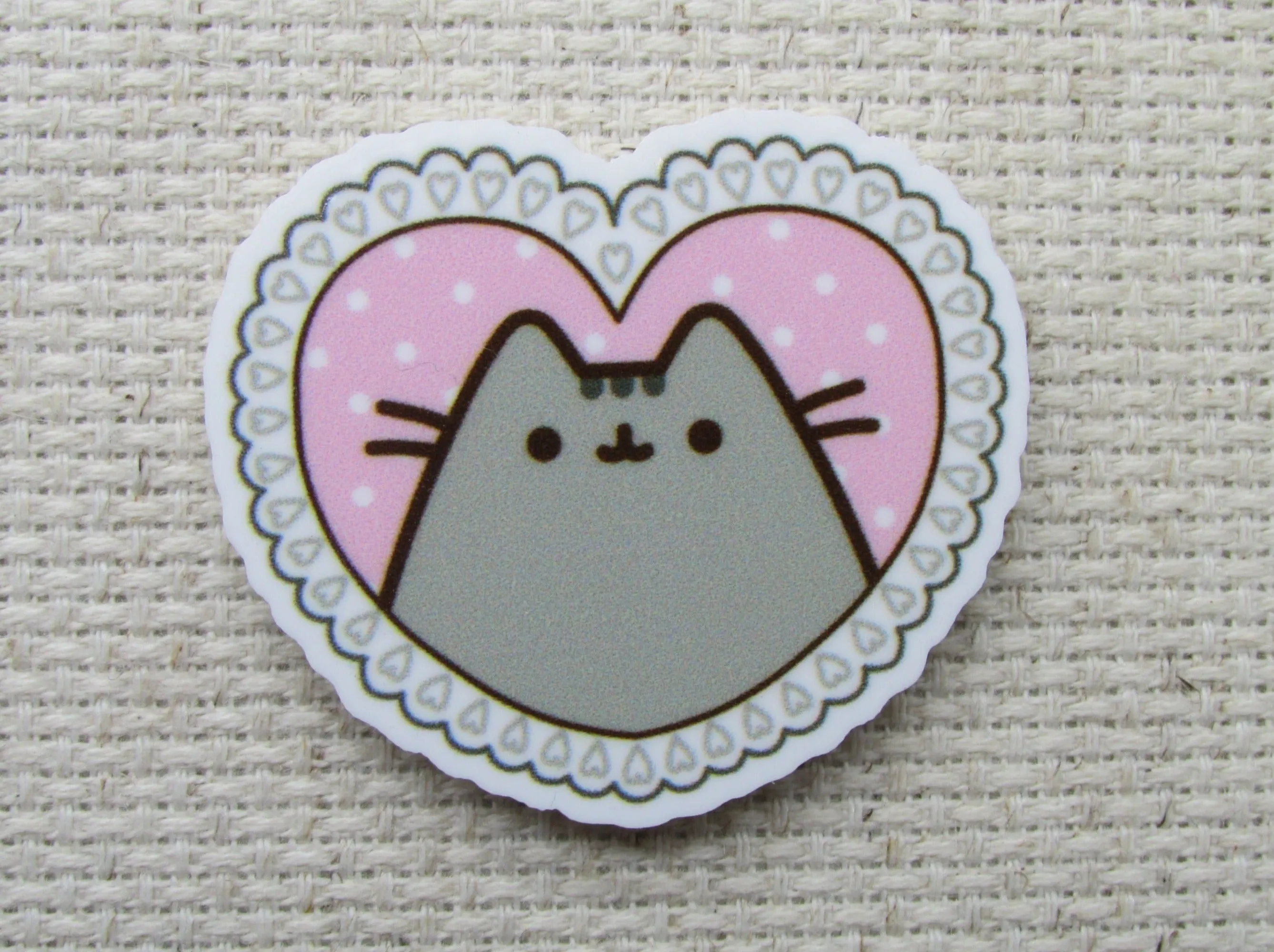 Grey Cartoon Cat in a Pink Heart Needle Minder, Cover Minder, Magnet LAST ONE!