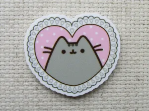 Grey Cartoon Cat in a Pink Heart Needle Minder, Cover Minder, Magnet LAST ONE!