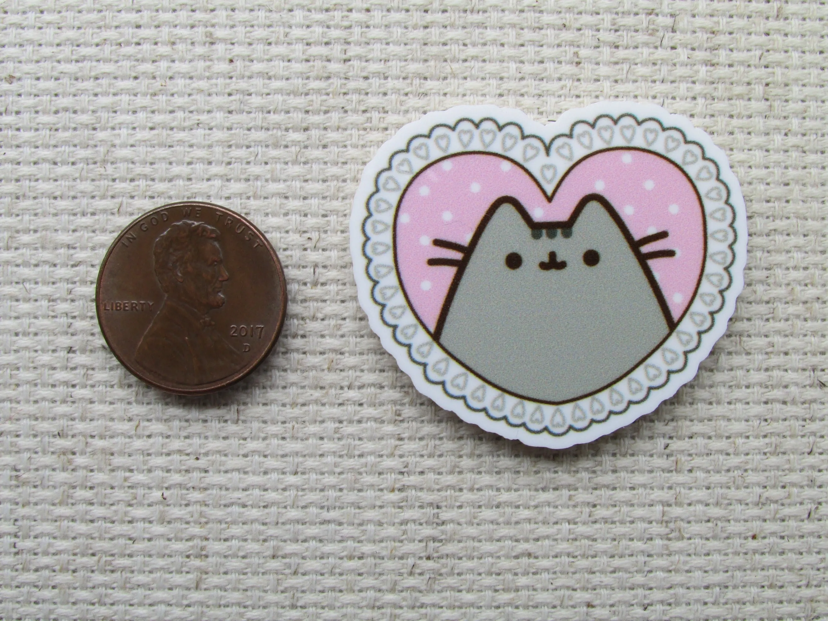 Grey Cartoon Cat in a Pink Heart Needle Minder, Cover Minder, Magnet LAST ONE!