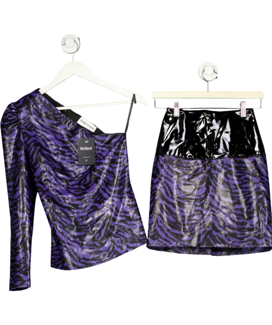 Stand Studio Purple Vinyl And Faux Leather Zebra Print Skirt And One Sleeved Top UK XS