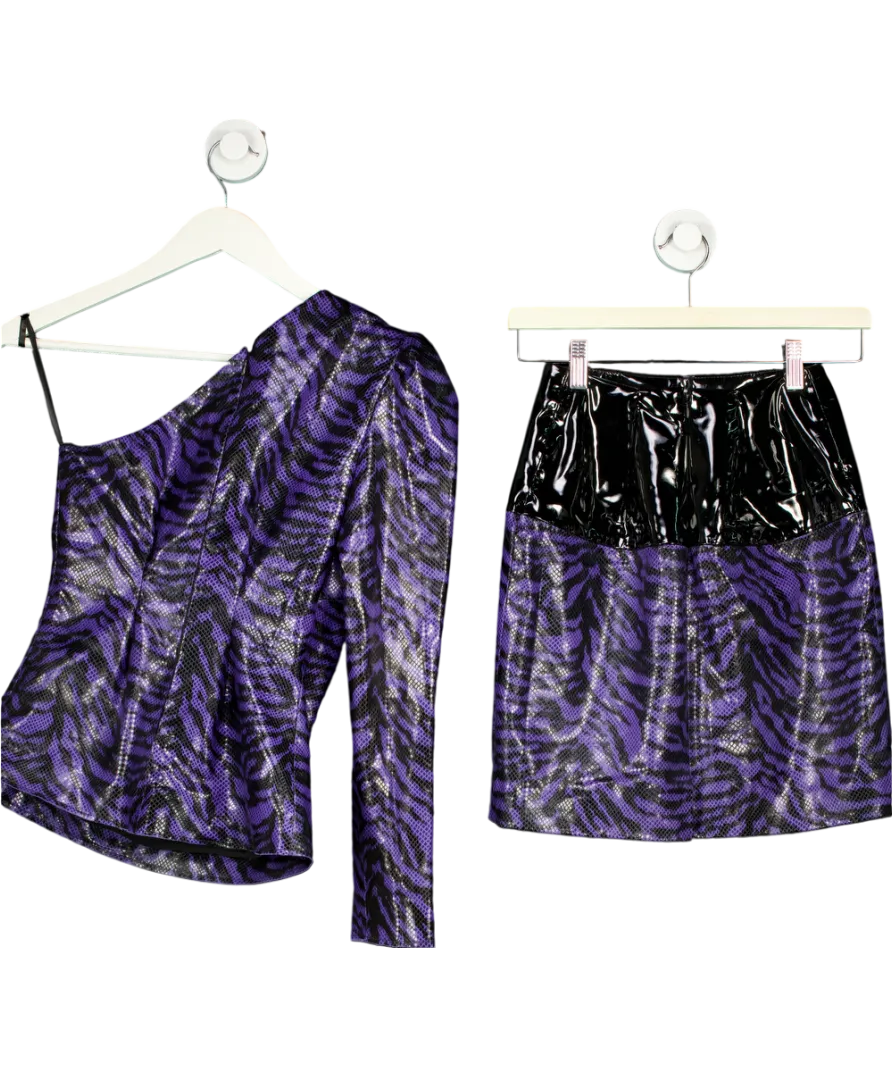 Stand Studio Purple Vinyl And Faux Leather Zebra Print Skirt And One Sleeved Top UK XS